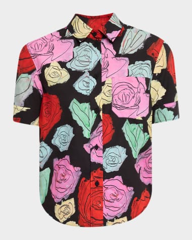 Marni Rose Scribble-Print Short-Sleeve Collared Shirt