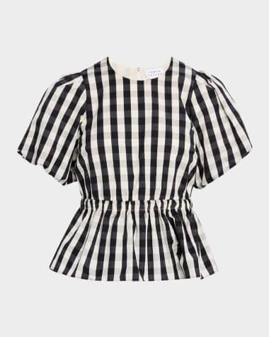 Tanya Taylor Chelsey Check Puff-Sleeve Peplum Top