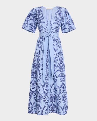 Marie Oliver Natty Tiered Floral-Embroidered Midi Dress