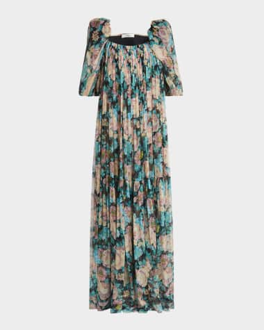 Chloe Long Floral Puff-Sleeve Silk Dress