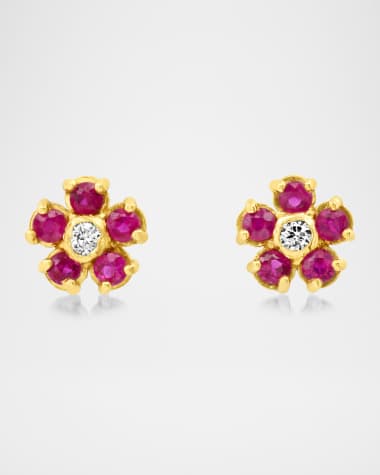 Jennifer Meyer 18K Yellow Gold Mini Flower Stud Earrings with Rubies and Diamonds