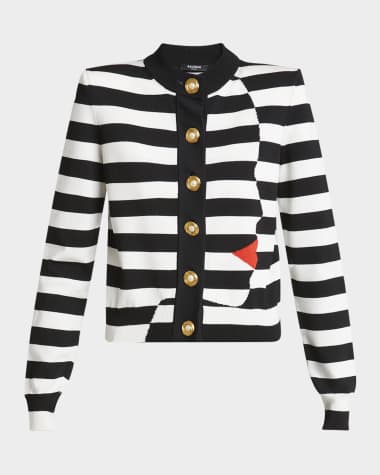 Balmain Face Mariniere Knit Strong-Shoulder Cardigan