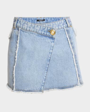 Balmain Asymmetric Raw-Edge Denim Mini Skirt