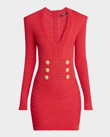 Balmain Buttoned Long-Sleeve Pointelle Knit Mini Dress