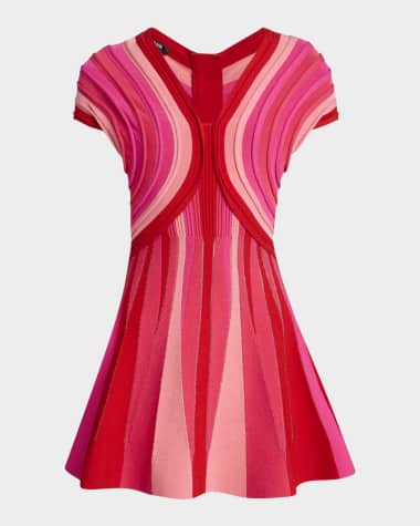 Balmain V-Neck Rolled Knit Flare Mini Dress