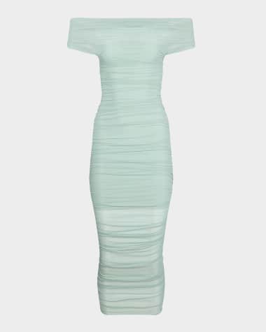 SER.O.YA Noel Off-Shoulder Ruched Mesh Midi Dress