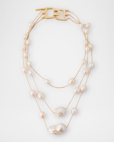 Kenneth Jay Lane 3-Row Chain Necklace with Freshwater Pearl Stations