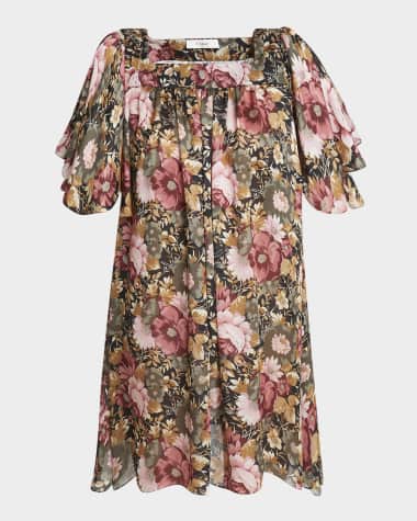 Chloe Rose Print Pleated Mini Silk Dress