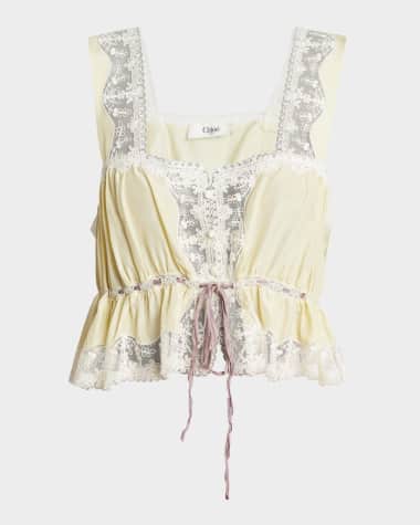 Chloe Lace-Trim Silk Crop Peplum Top