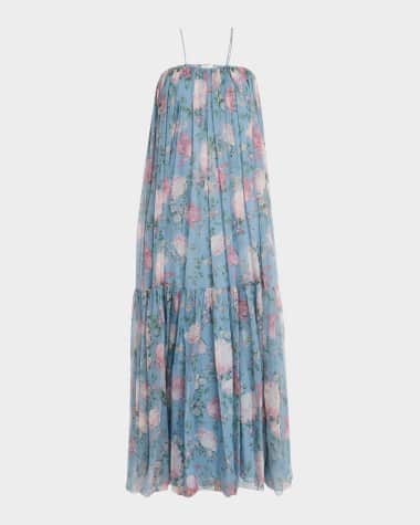 Chloe Long Floral Print Tiered Silk Dress