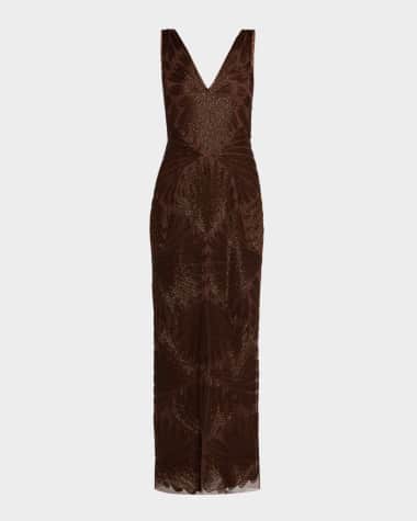 Aidan Mattox Backless Draped Beaded Column Gown