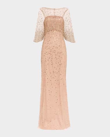 Jenny Packham Kiya Embellished Elbow-Sleeve Illusion Gown