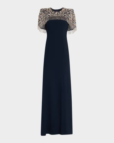 Jenny Packham Rana Embellished Cape Trumpet Gown