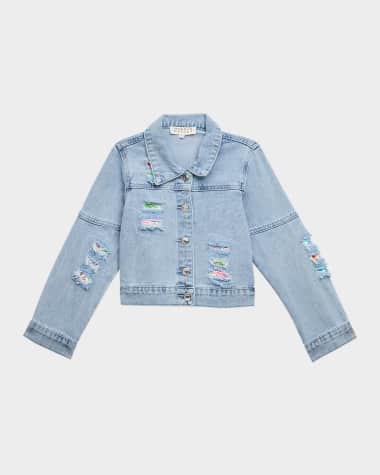 Hannah Banana Girl's Distressed Denim Jacket W/ Patches, Size 4-14