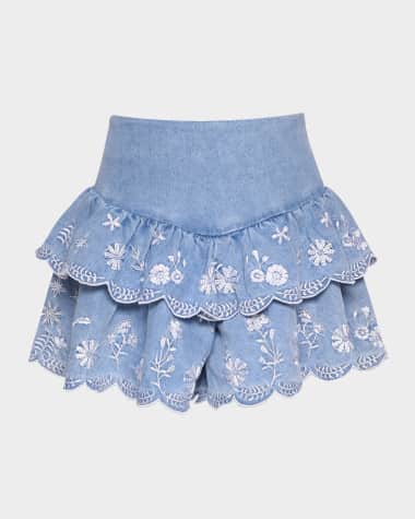 Hannah Banana Girl's Embroidered Tiered Chambray Skirt, Size 4-14