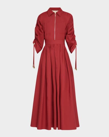 Elie Saab Ruched-Sleeve Poplin Midi Shirtdress