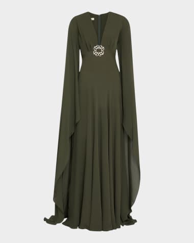 Elie Saab Plunging Crystal Cape-Sleeve Silk Gown