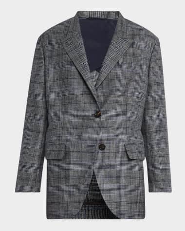 Brunello Cucinelli Belted Wool Prince Of Wales Single-Breasted Blazer Jacket