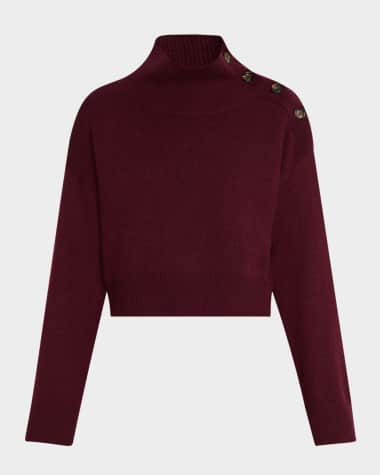 Brunello Cucinelli Turtleneck Button-Shoulder Cashmere Crop Sweater