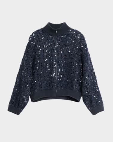 Brunello Cucinelli Wool-Cashmere Paillette Open-Knit Zip Cardigan