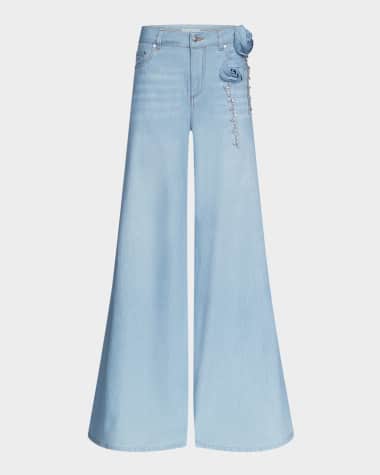 AREA Crystal Rosette Wide Leg Jeans