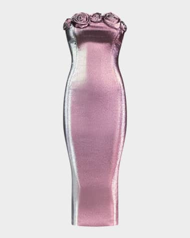 AREA Strapless Lame Rosette Midi Dress