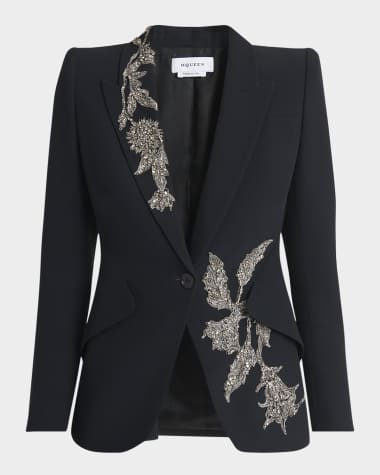 McQueen Floral Crystal One-Button Crepe Blazer