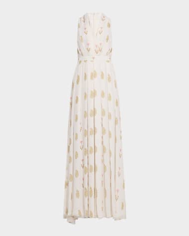 Giambattista Valli Flower-Print Pleated Silk Sleeveless Midi Dress