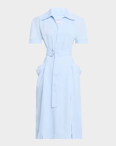 Bottega Veneta Short-Sleeve Belted Fine Twill Midi Shirtdress