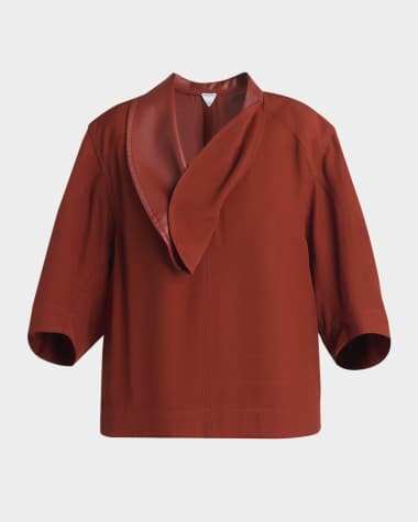 Bottega Veneta Leather-Neck Grainy Viscose-Linen Cocoon Shirt