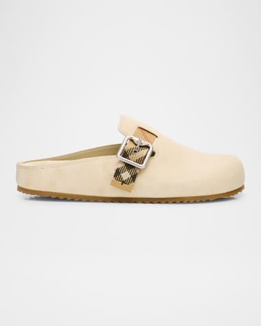 Burberry Urchin Suede Check Buckle Clogs