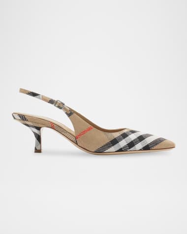 Burberry Birdie Metallic Check Slingback Kitten-Heel Pumps