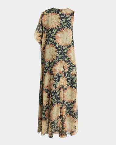Loewe Long Floral Print One-Sleeve Chiffon Silk Dress