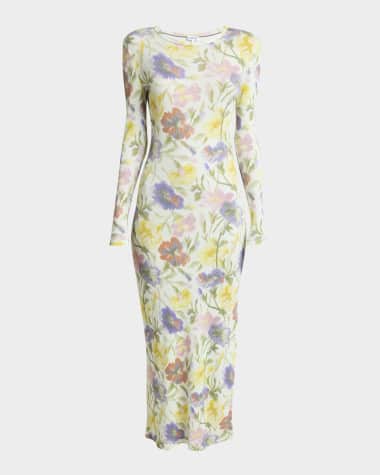 Loewe Floral Printed Mesh Tube Long Sleeve Midi Dress