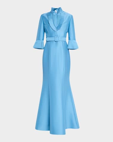Badgley Mischka Pleated-Trim Trumpet Mikado Gown