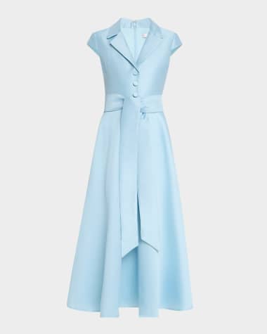 Badgley Mischka Belted Cap-Sleeve Pique Midi Shirtdress