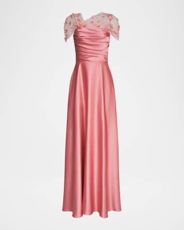 Theia Luella Floral Applique Illusion Shawl Gown