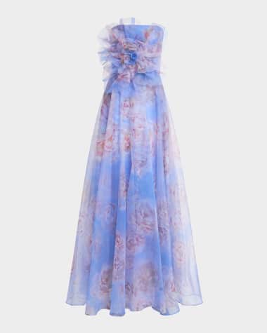 Theia Kimberly Strapless Floral-Print Organza Gown