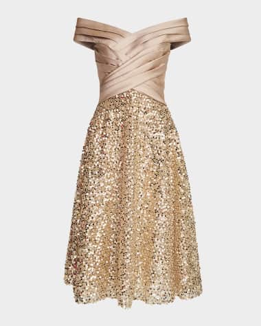 Theia Brandy Off-Shoulder Pleated Sequin Midi Dress