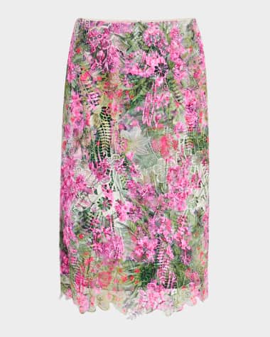 Ungaro Printed Floral Lace Midi Pencil Skirt