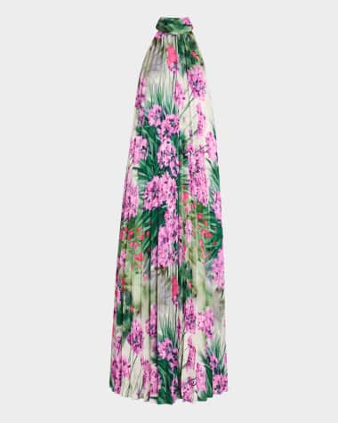 Ungaro Pleated Floral-Print Halter Gown