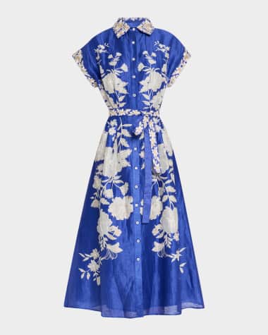 La Fuori Dazzling Blue Floral Embroidered Midi Shirtdress