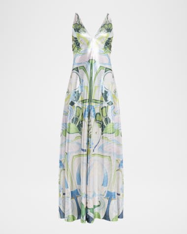 Mary Katrantzou Daria Plunging Garden-Print Slip Gown