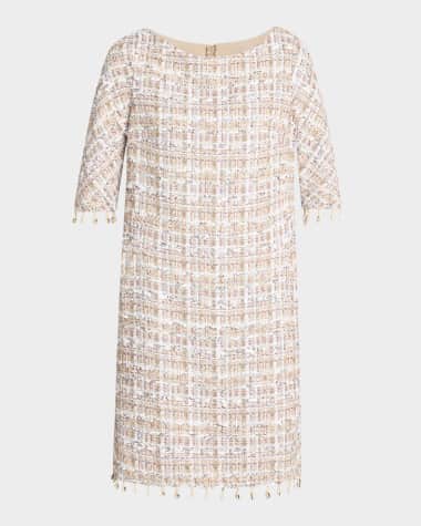 Talbot Runhof Safari Tweed Beaded-Fringe Dress