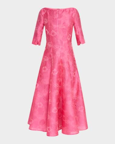 Talbot Runhof Anemone Jacquard 3/4-Sleeve Midi Dress