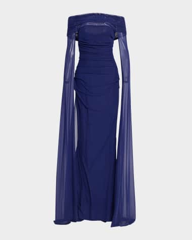 Talbot Runhof Off-The-Shoulder Ruched Mesh Cape Gown