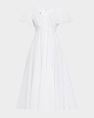 Talbot Runhof Pril Flower Organdi Puff-Sleeve Midi Dress