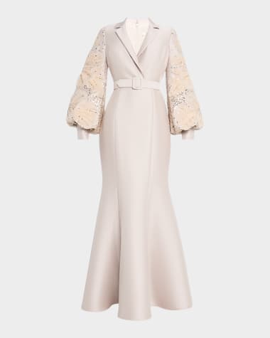 Badgley Mischka Collection Embellished-Sleeve Mermaid Shirt Gown