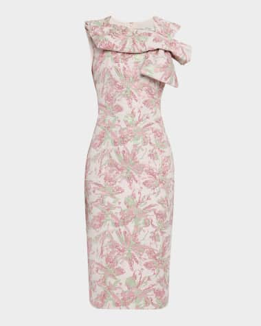 Badgley Mischka Collection Bow-Front Metallic Jacquard Midi Sheath Dress