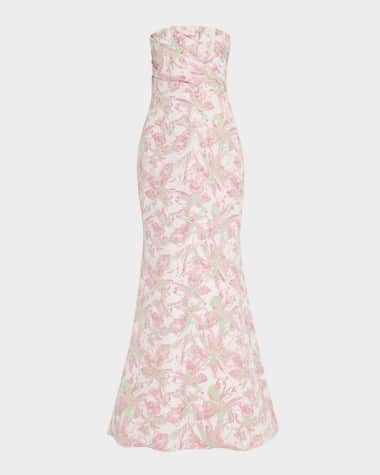 Badgley Mischka Collection Strapless Pleated Metallic Jacquard Gown